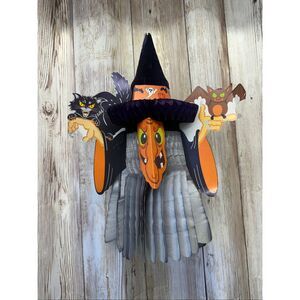 Vintage Danish Amscan Halloween Witch Black Cat Bat Honeycomb Hanging Decoration